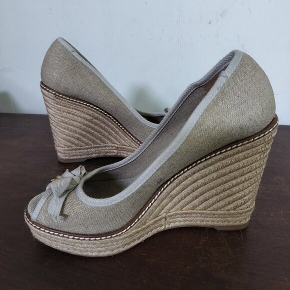 Tory Burch Jackie Charm Logo Peep Toe Wedge Espadrille Heel - Picture 6 of 10